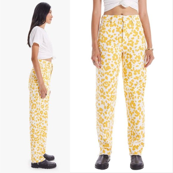 MOTHER The Curbside Heel Fray JEANS Size 25 Marigold Yellow Floral Leopard Denim - Picture 2 of 15